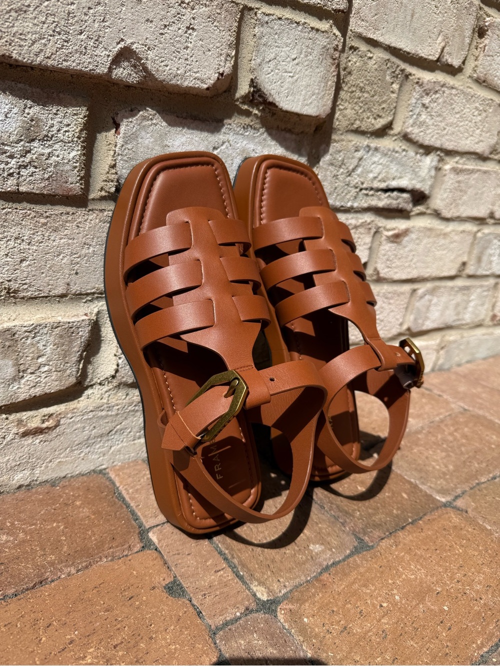 Frame Denim Cognac Brown Woven Leather Sandals
